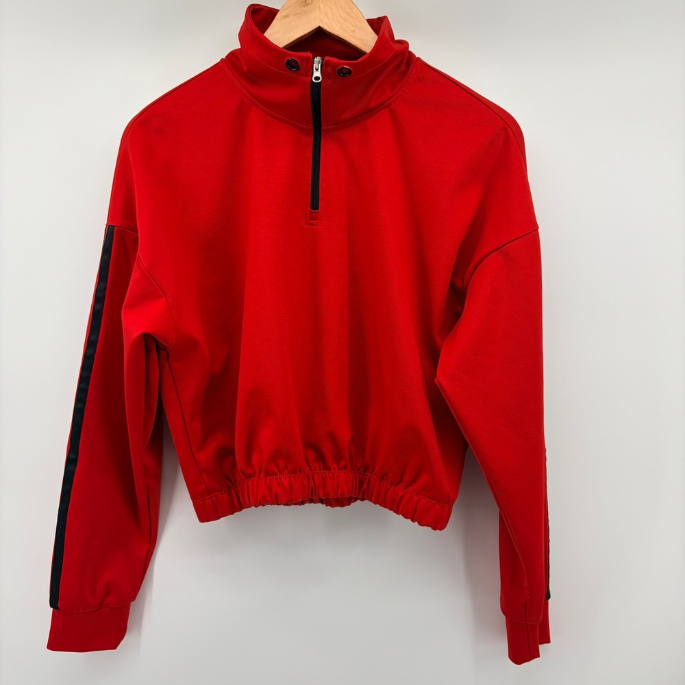 Garage Pullover Women M Red Quarter Zip Cropped Track Stripe Sweatshirt Sporty